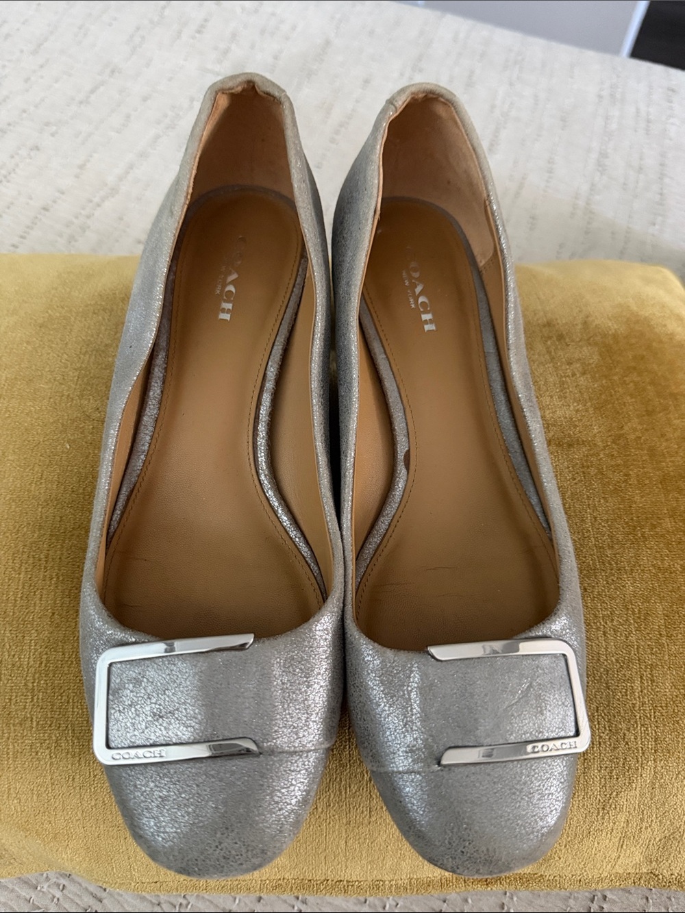 Coach Metallic Silver Leather Pumps with Logo Buckle